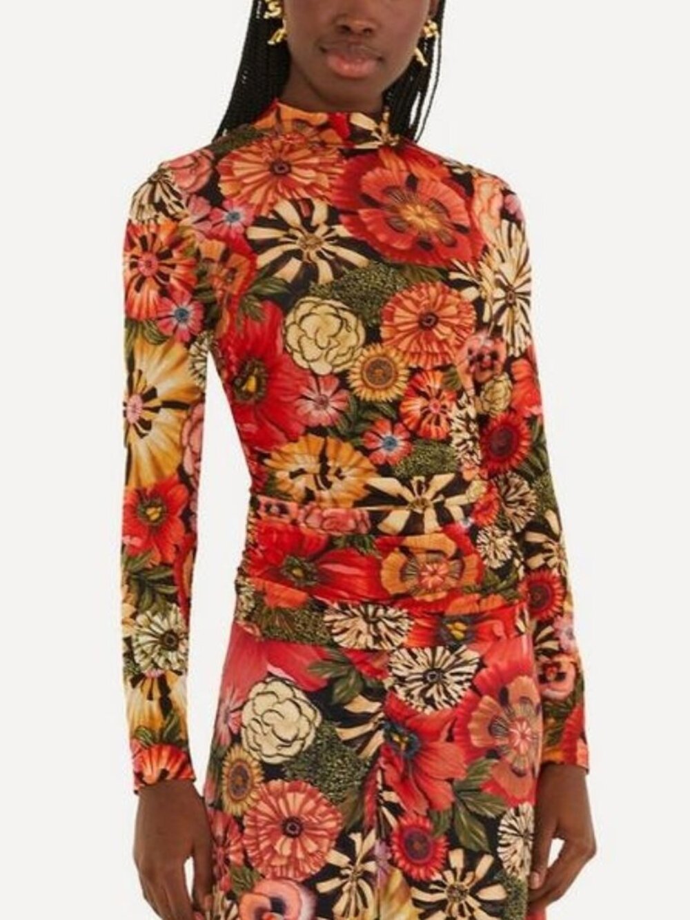 Farm Rio Flowershop Ruched Waist Jersey Blouse Top Long Sleeve Size S Multicolor